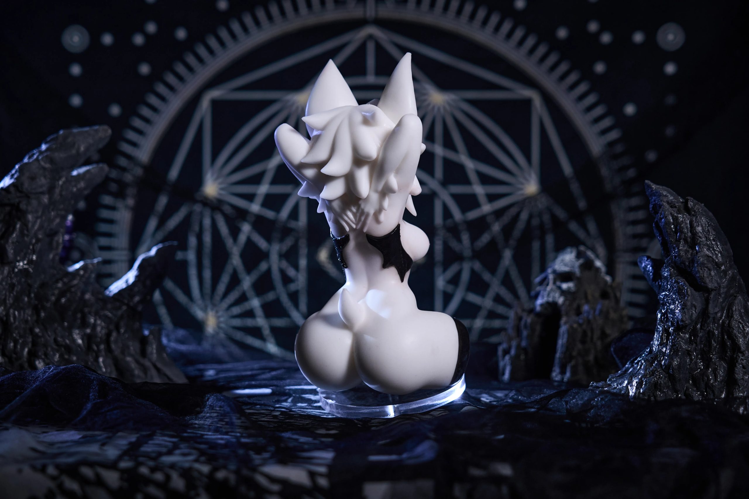 Asphodel bat furry sex doll on acrylic display stand — collector figure and functional onahole