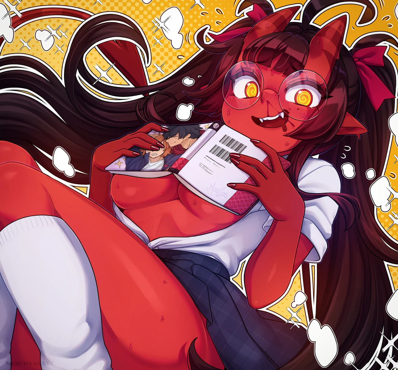 Official portrait artwork of Meru the Succubus with a seductive expression by creator merunyaa