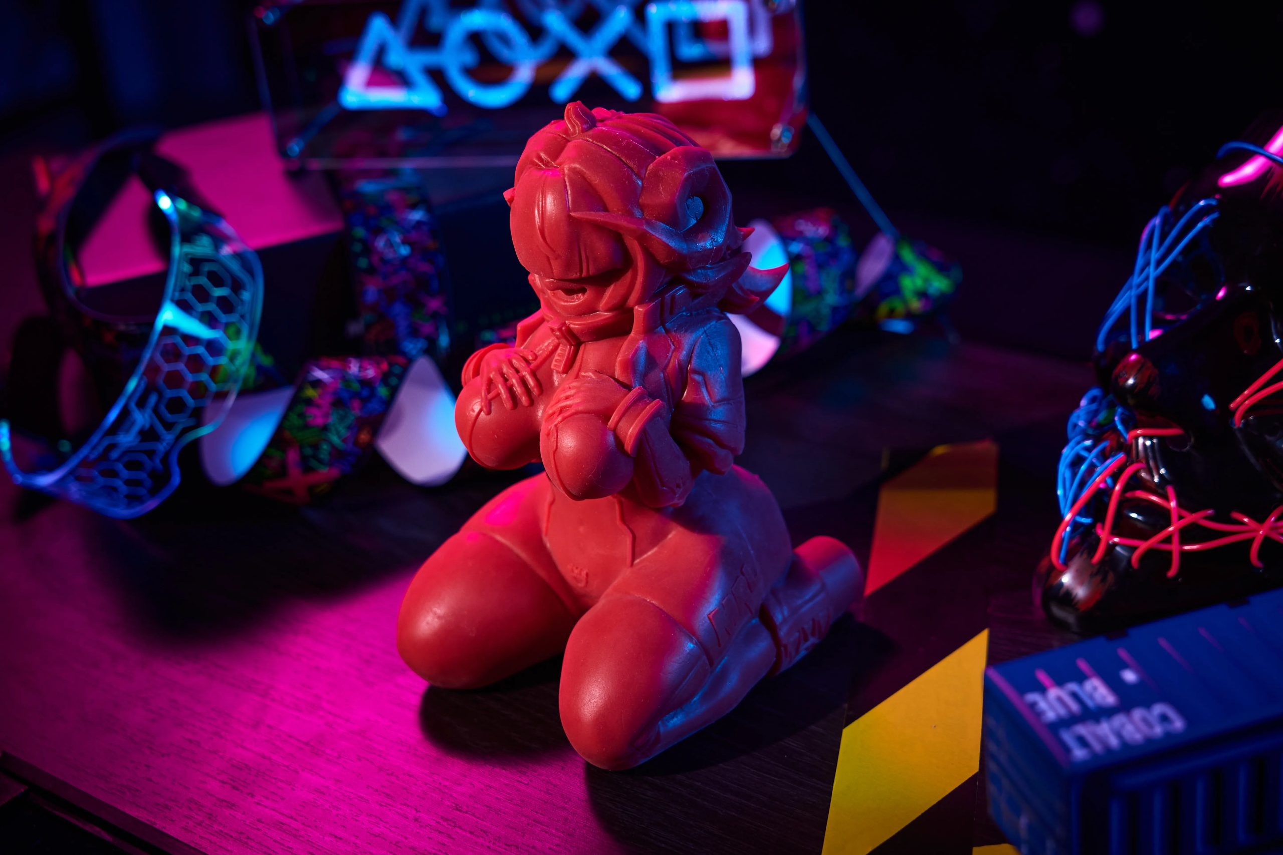 ThermoALTAR display on gaming desk — cyberpunk figure aesthetics for shelf collection