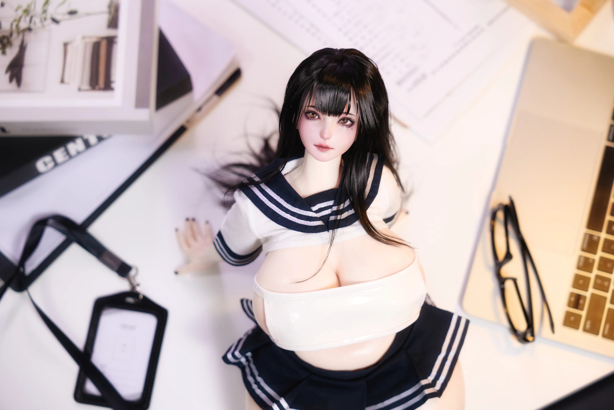 Close-up of Miyu’s black hair, glass eyes, eyelashes, and detailed anime face