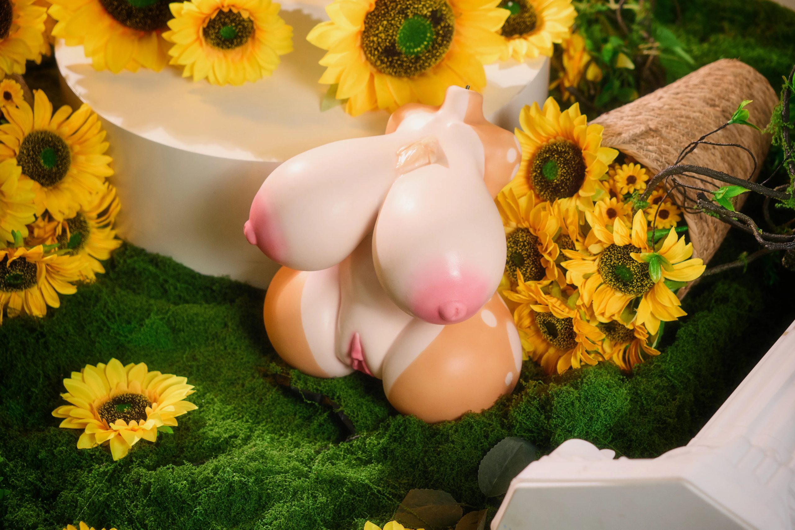 Back view of the Lana torso sex doll highlighting the dual-tone deer skin and white dapple spots