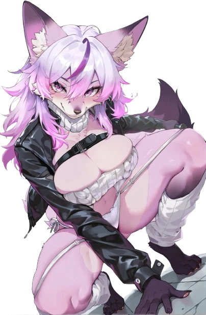 Front view of Vixen Voss fox girl furry sex doll with asymmetric smirk