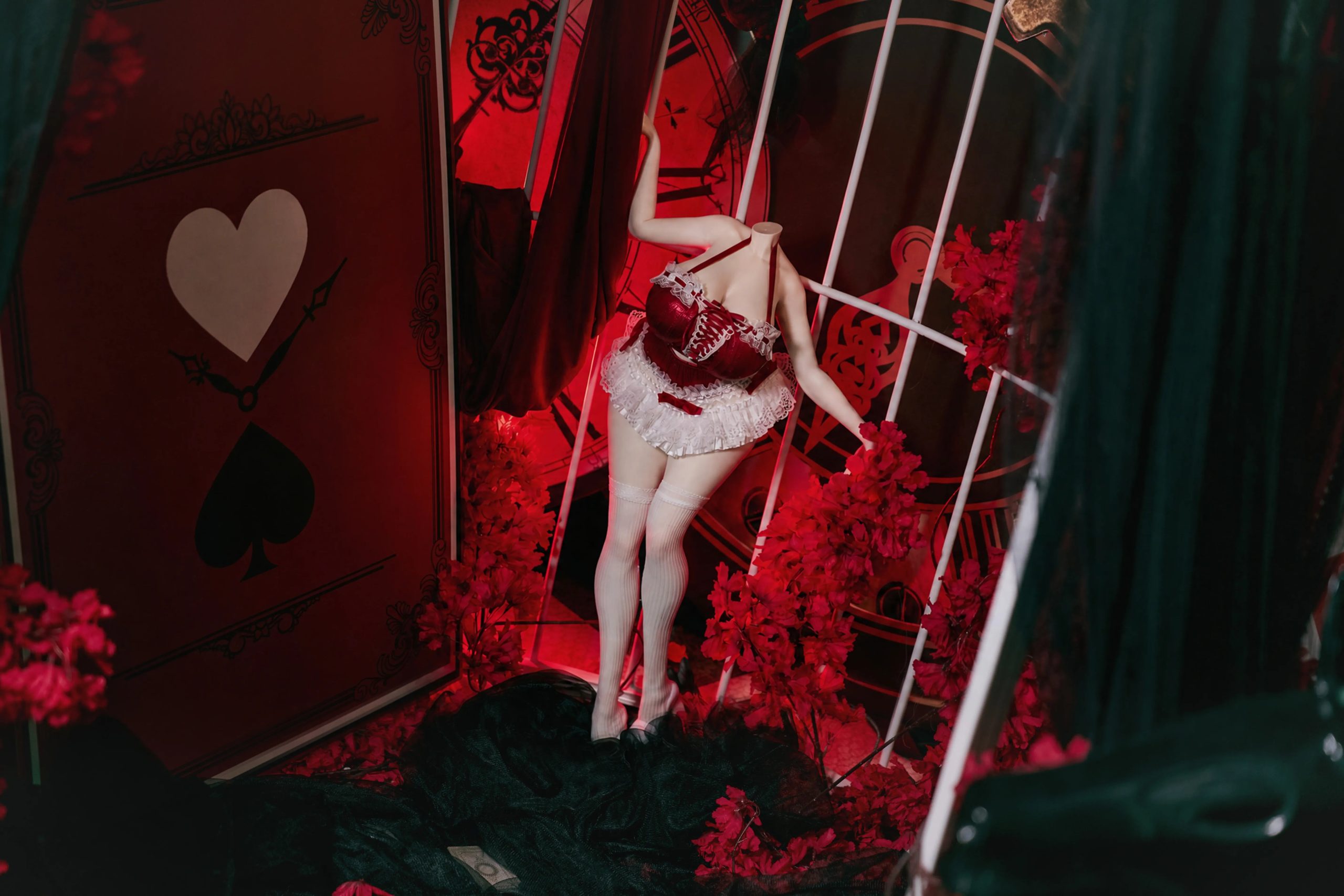 Red lace-up maid lingerie sex doll clothing with white ruffle skirt