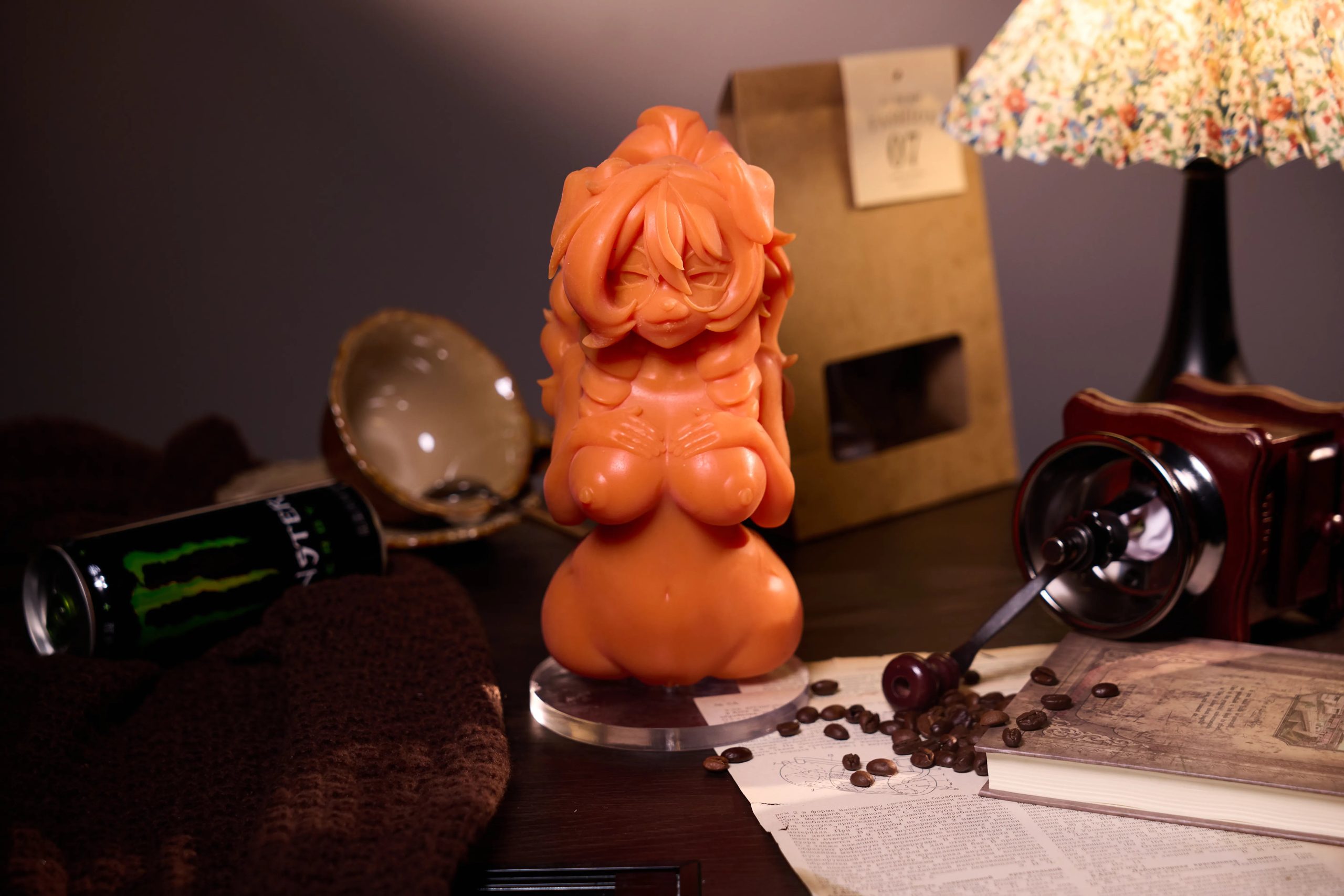 Close-up of Kuru anime dog girl onahole head sculpt featuring round-frame glasses and tsundere expression