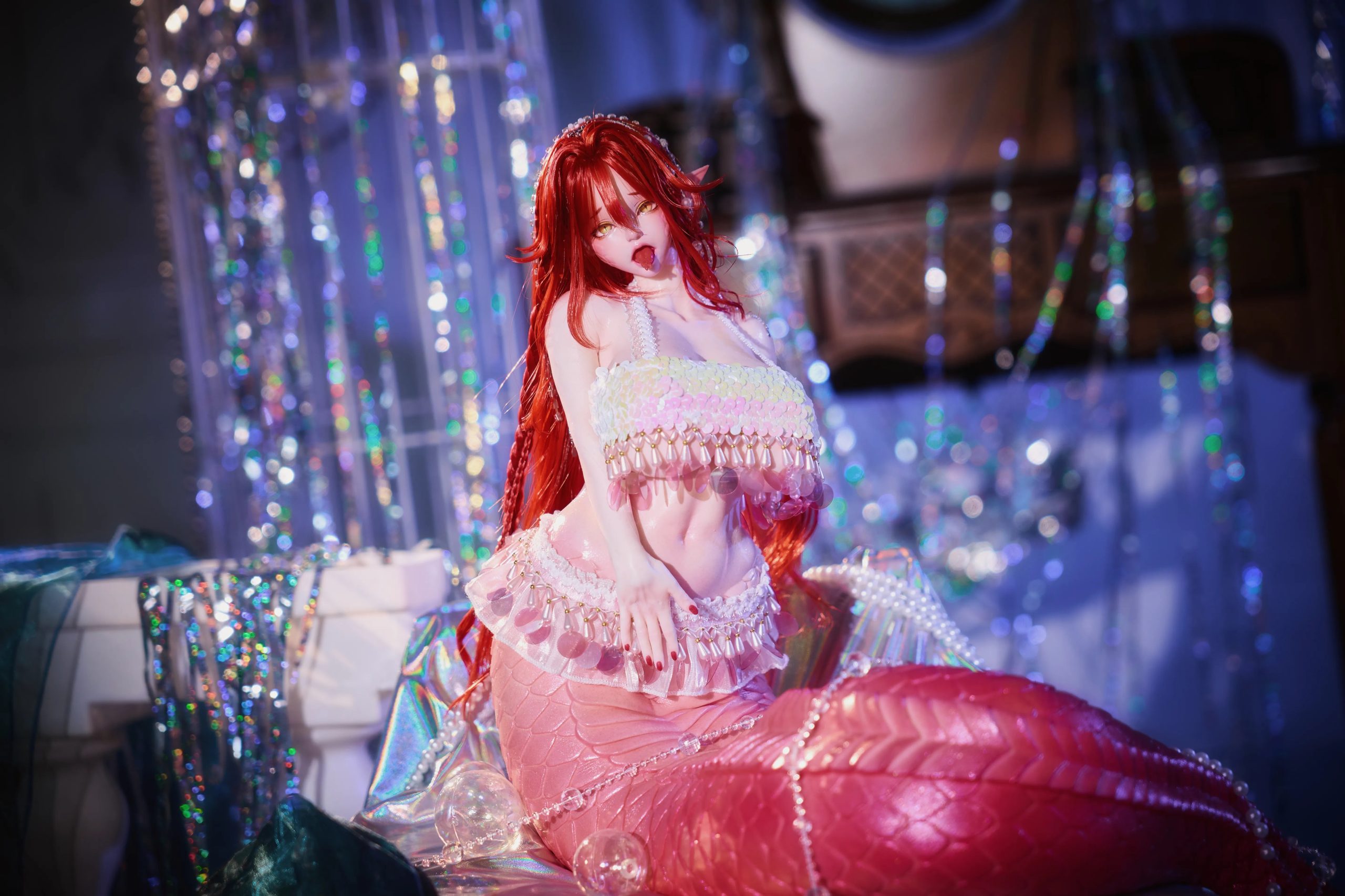 Close-up of Mera snake girl hentai figure chest featuring high-gloss sweat effect and realistic silicone skin texture