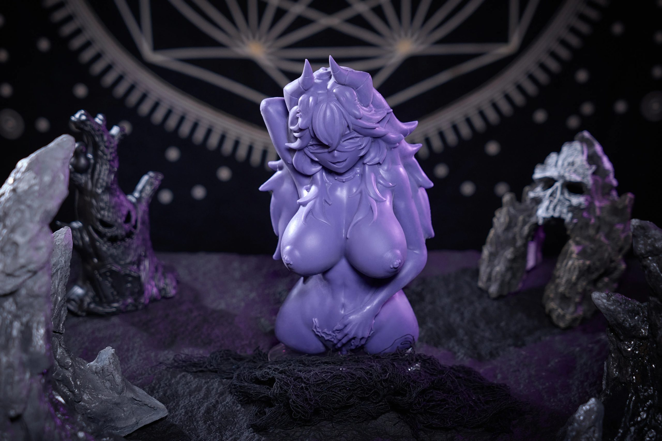 Front product photo of the Aruna onahole with demon-puppy horn and torso sculpt details