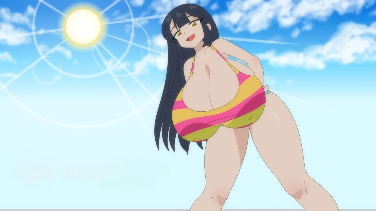 Audrey by HagenToons posing on a sunny beach in a striped swimsuit