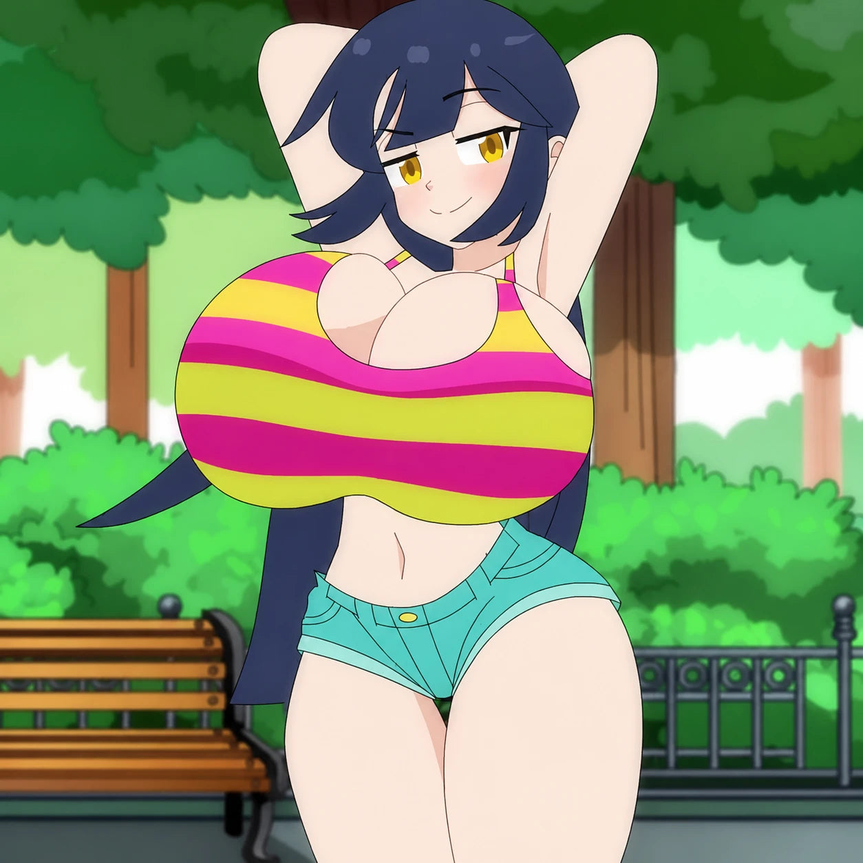 Audrey by HagenToons posing outdoors in a striped top and teal shorts