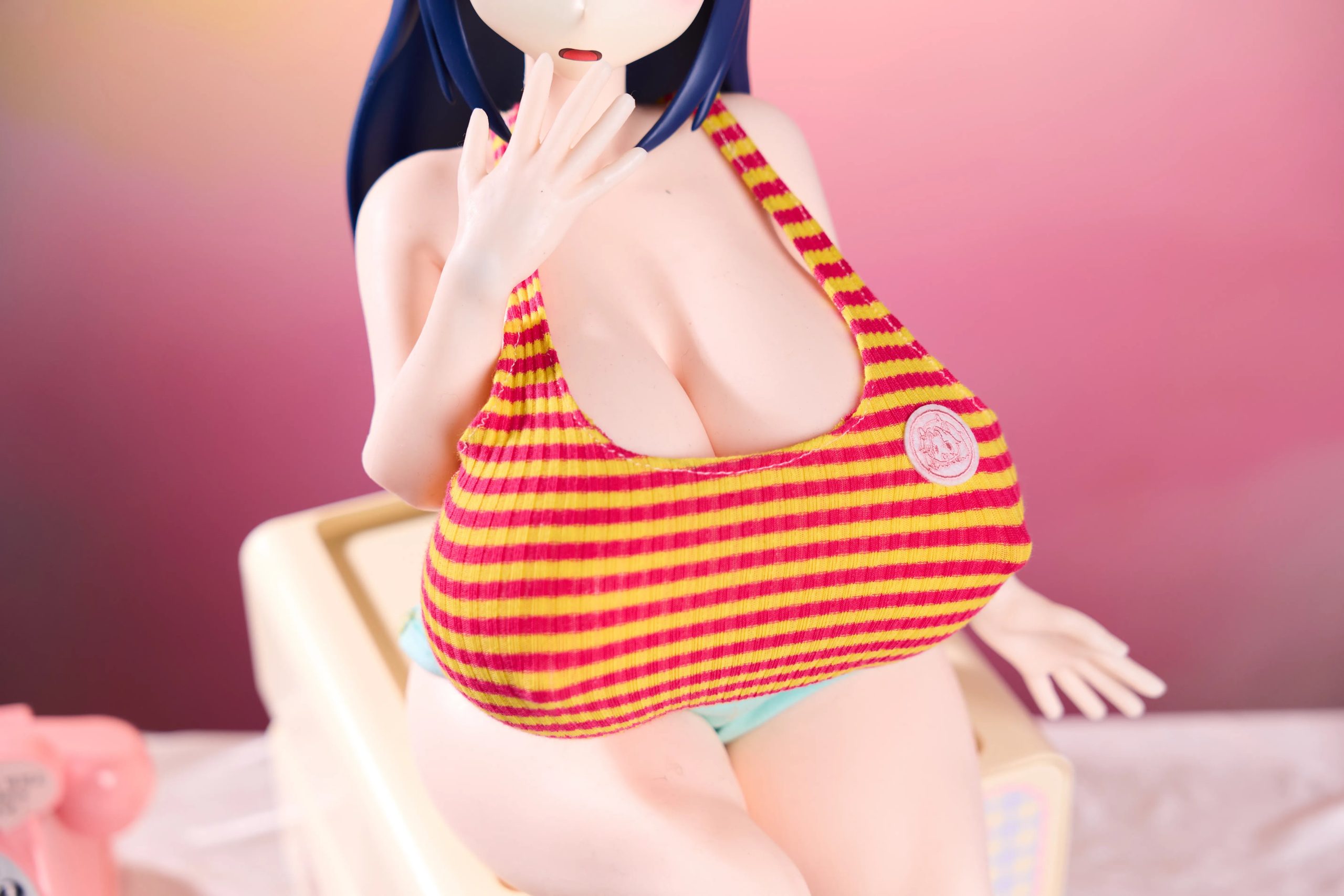 Audrey Anime Figure wearing casual clothing with striped cotton crop top and skinny denim-style shorts