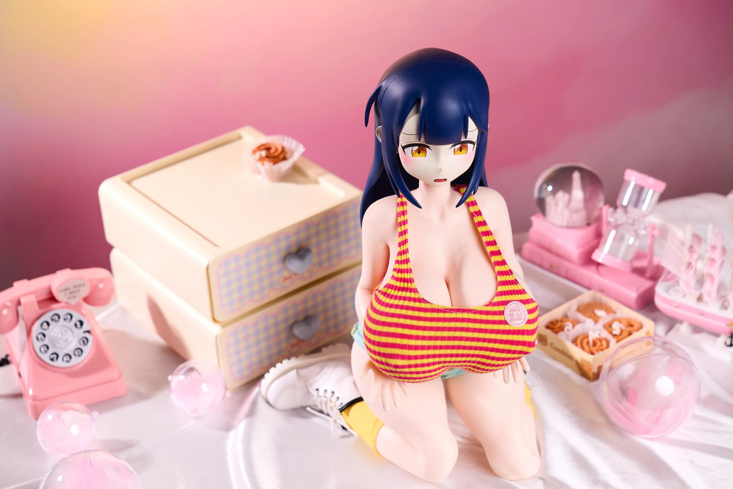 Back view of Audrey Anime Figure showing fit of denim-style casual shorts