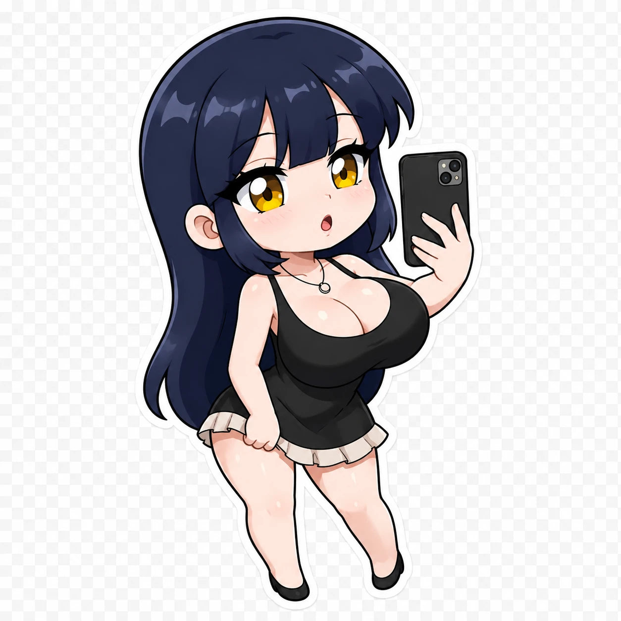 Chibi Audrey in a black dress taking a phone selfie