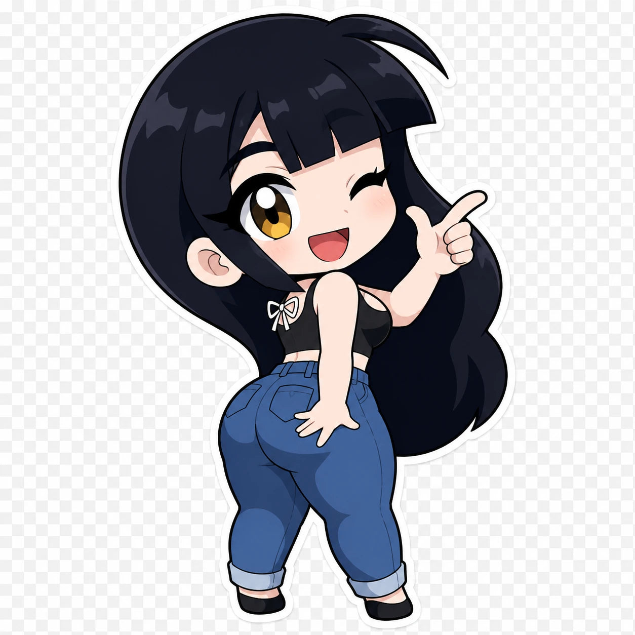 Chibi Audrey in a black top and jeans winking