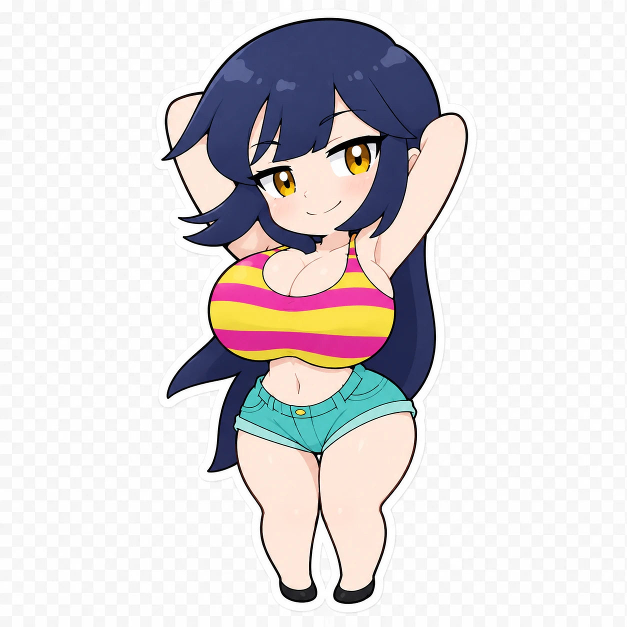 Chibi Audrey wearing a striped top and teal shorts
