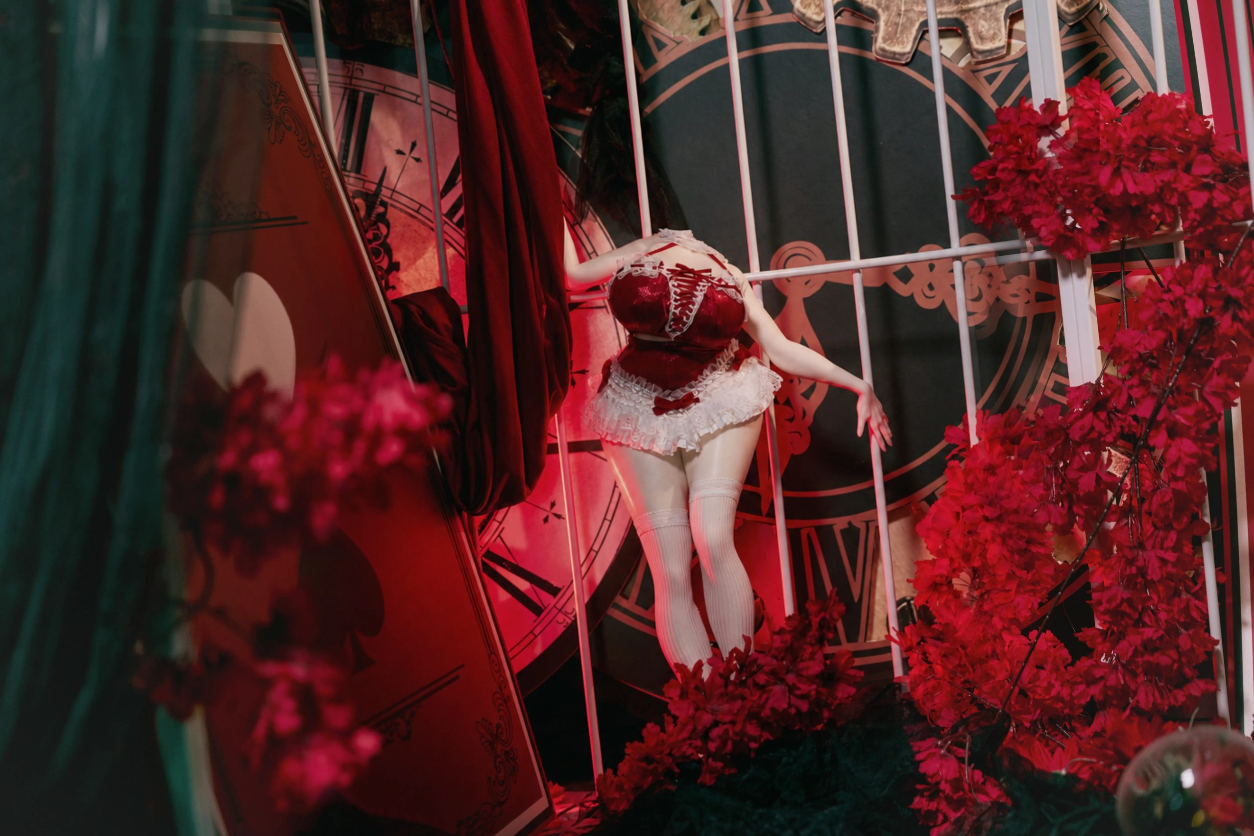 Crimson maid lingerie sex doll clothes in gothic card-themed display scene