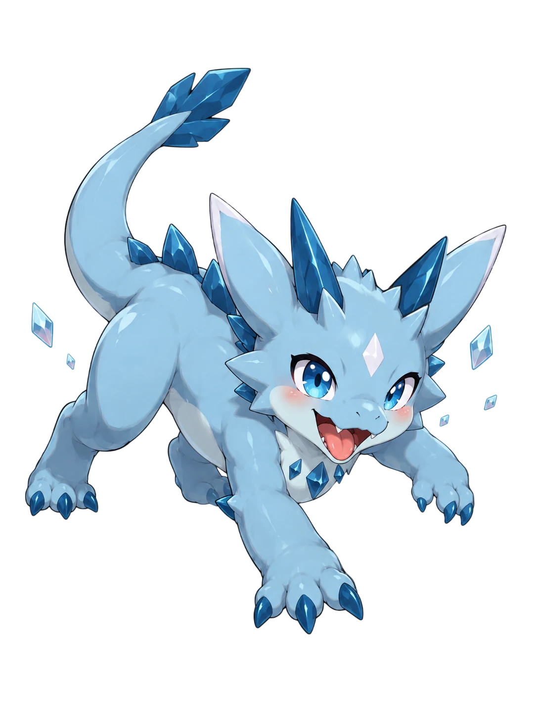 Crystchu ice-dragon character in a pouncing pose