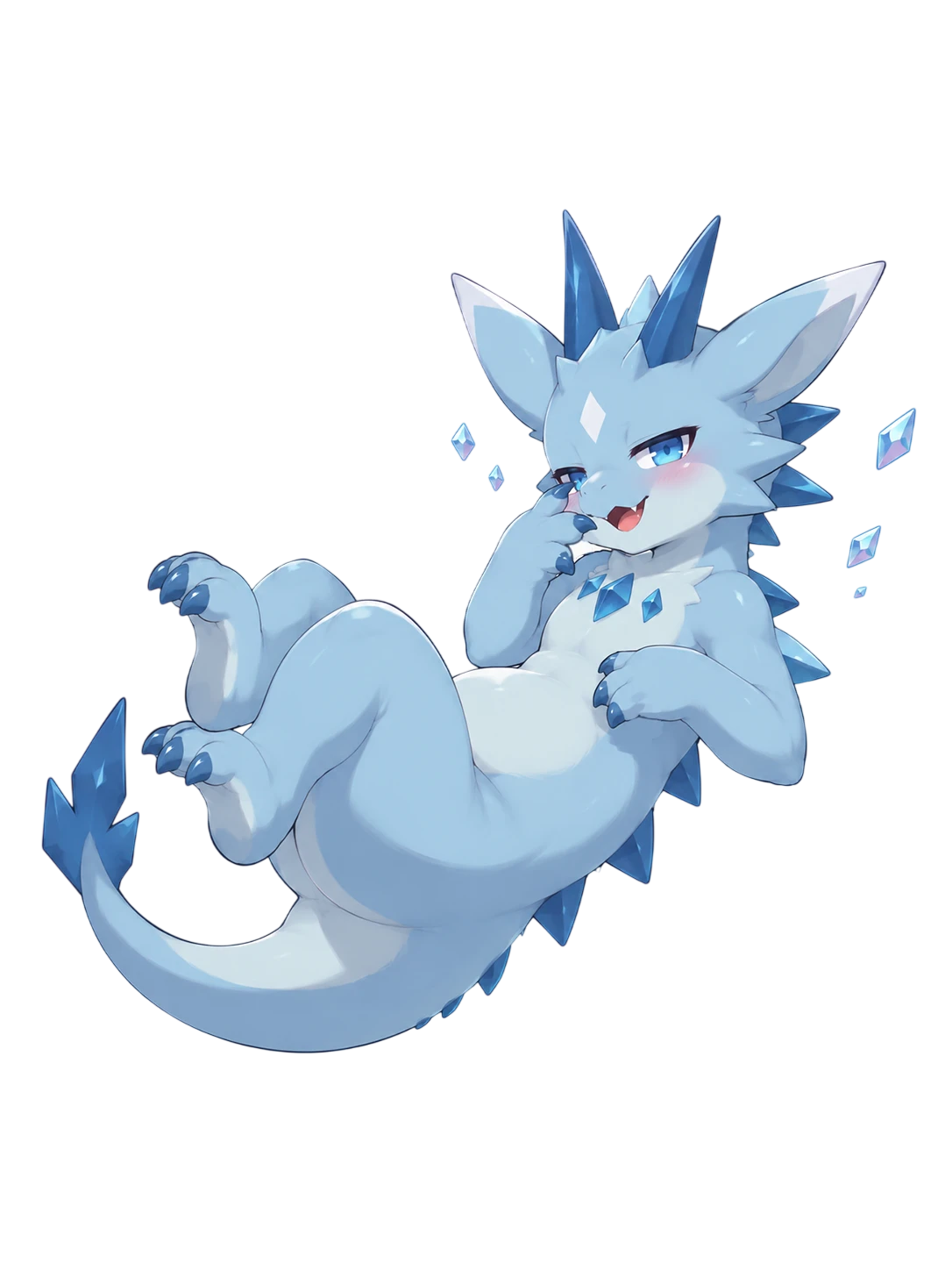 Crystchu ice-dragon character in a reclining pose