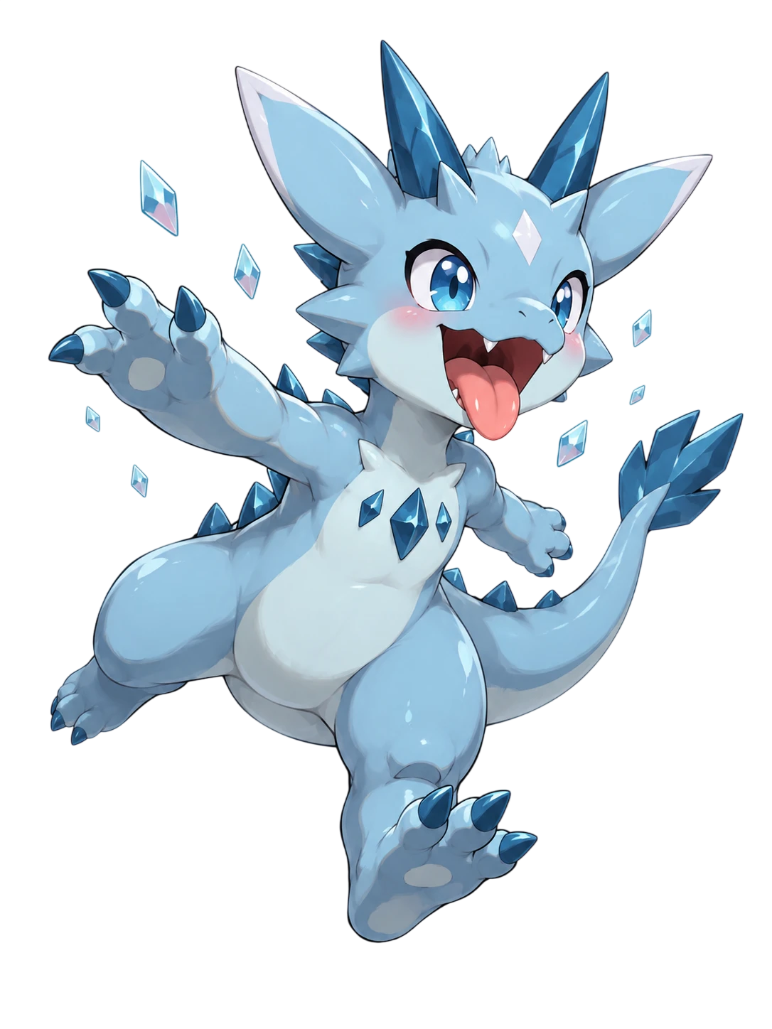 Crystchu ice-dragon character in a playful reaching pose
