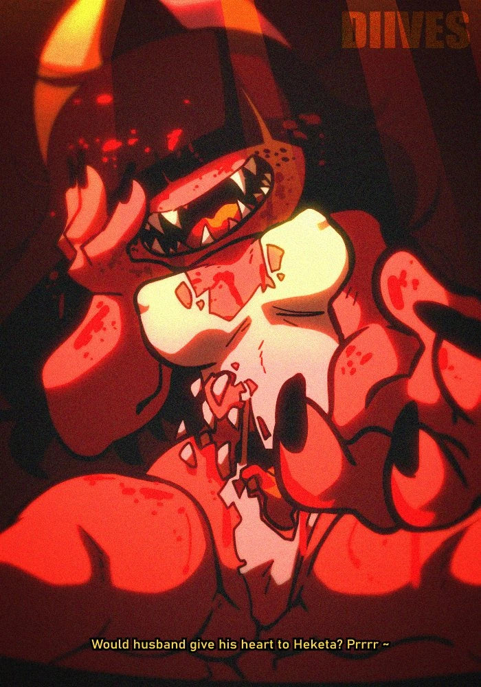 Wide cinematic illustration of Heketa in her dark monster form