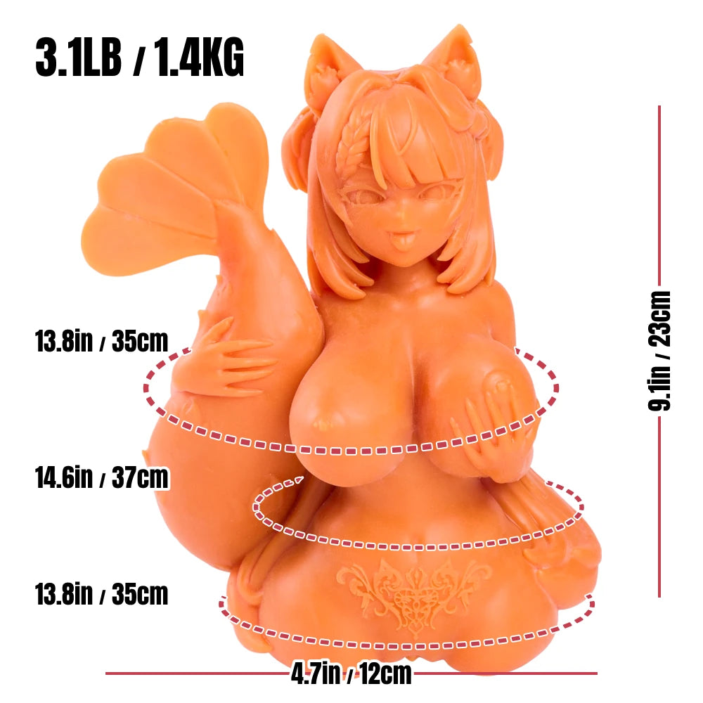 Infographic detailing Ebiko furry sex doll 23 centimeter height and 1.4 kilogram weight dimensions