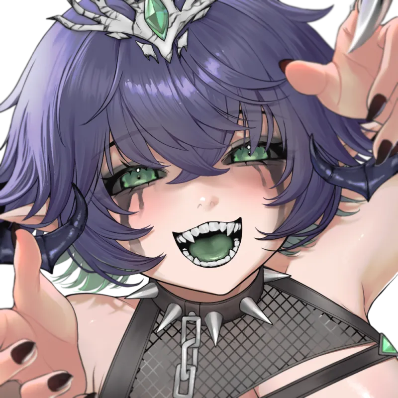 Close-up face of Queen Mari anime sex doll featuring predatory mesugaki expression, fangs, and dark goth makeup.