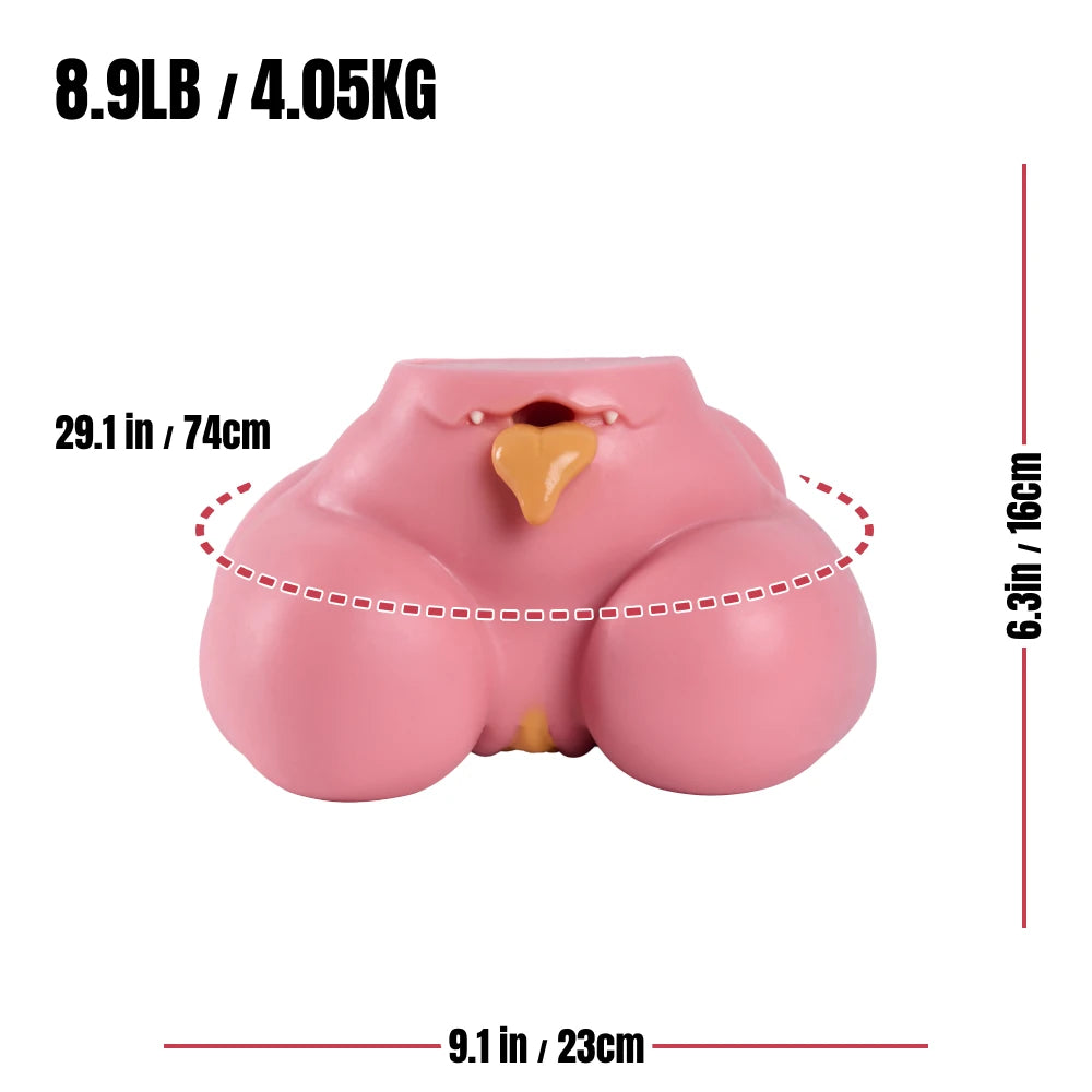 Technical infographic showing the exterior physical dimensions and 4.05kg weight of the Heketa torso sex doll