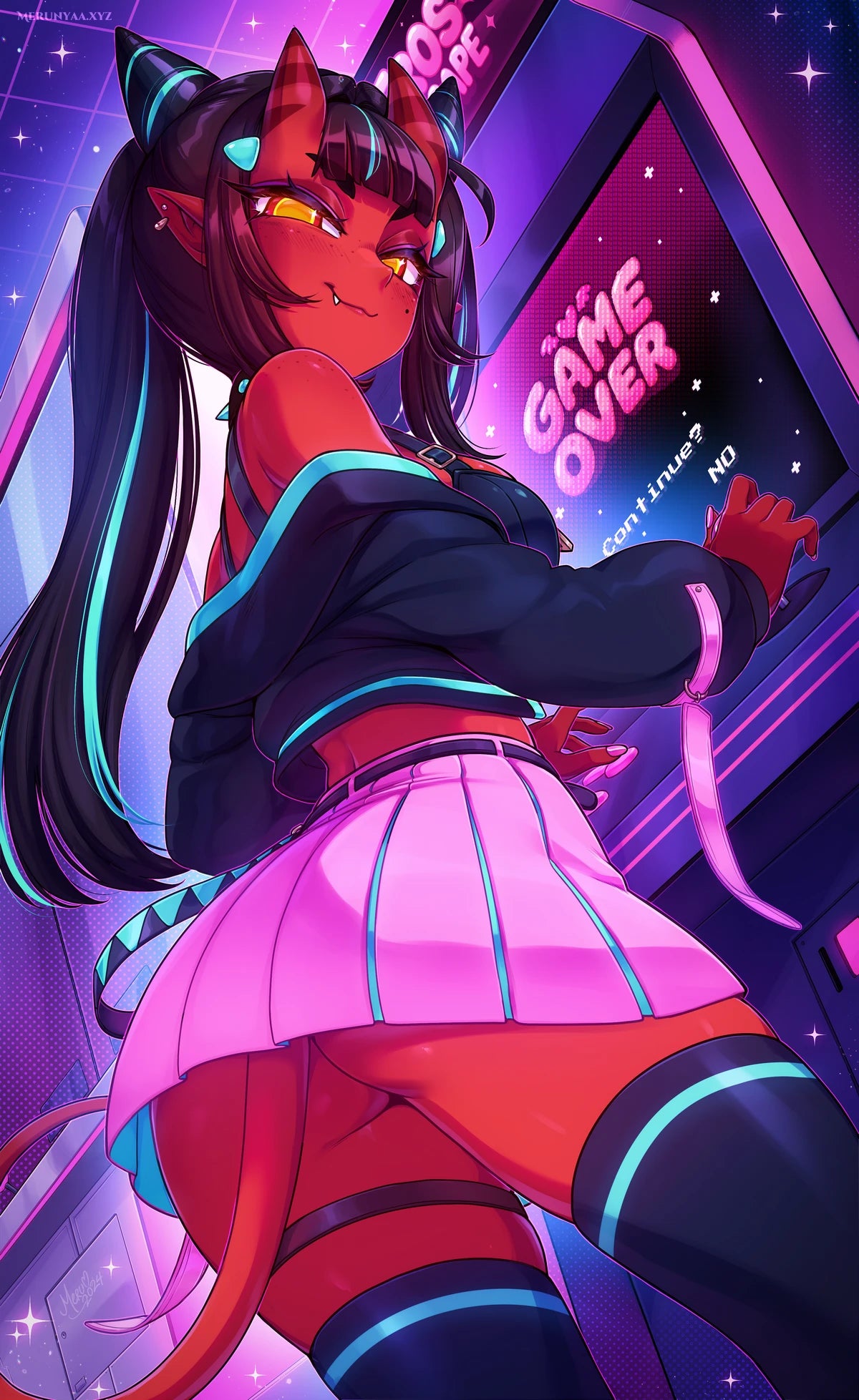 Official 2D anime character illustration of Meru the Succubus with striped demonic horns and red skin