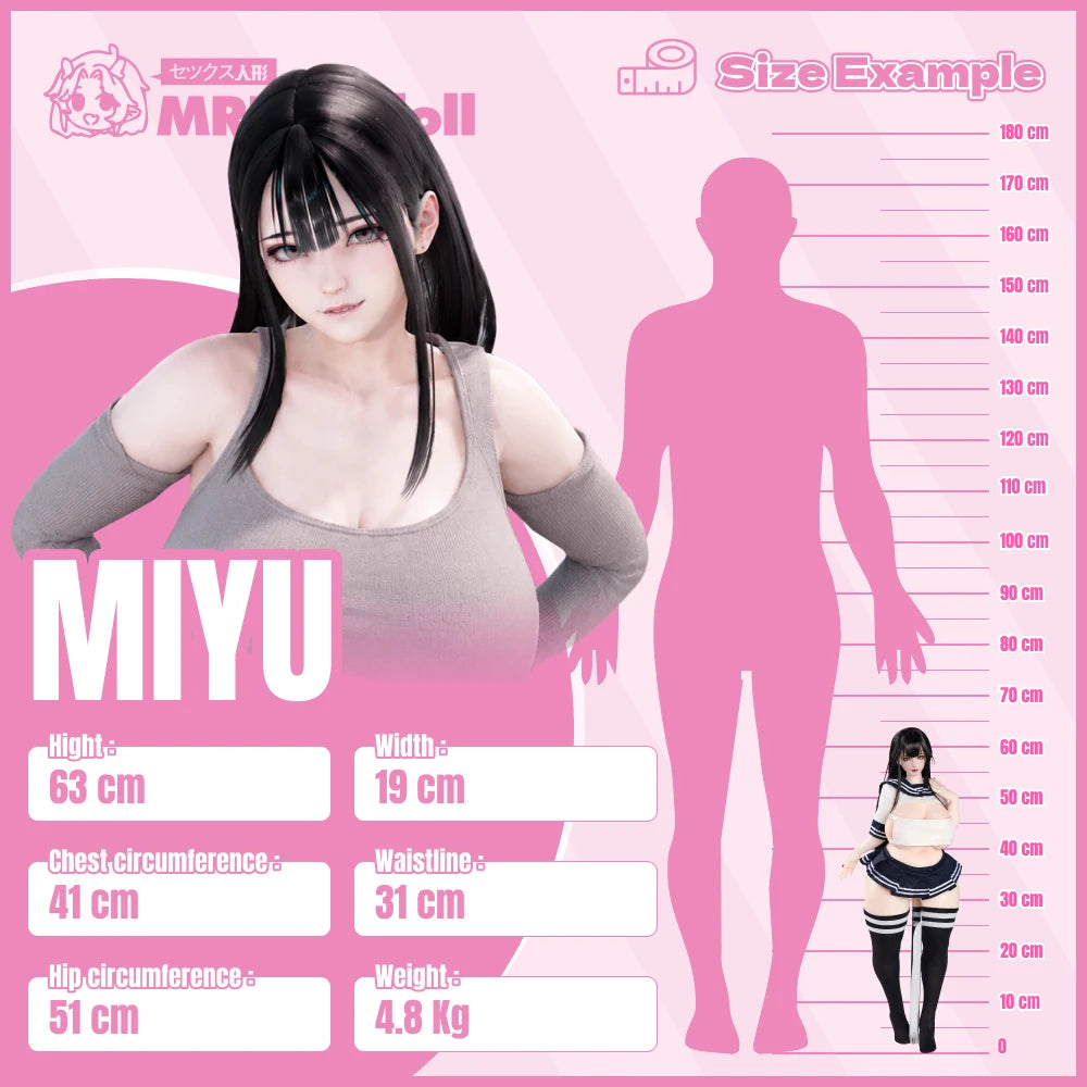 Miyu 63 cm anime sex doll size comparison beside an adult human silhouette with key product measurements