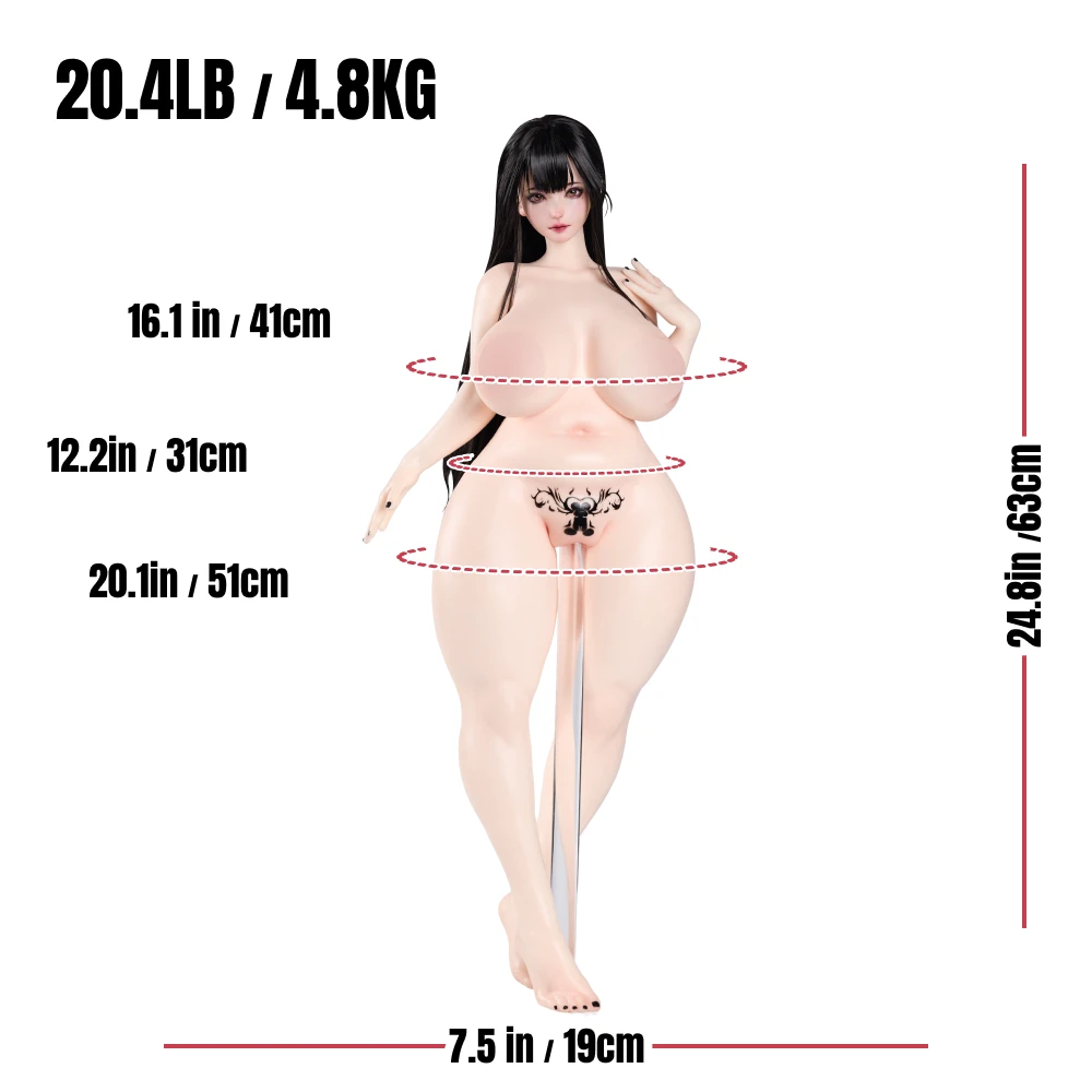 Miyu mini anime sex doll measurement chart showing 63 cm height, 19 cm width, and body circumferences
