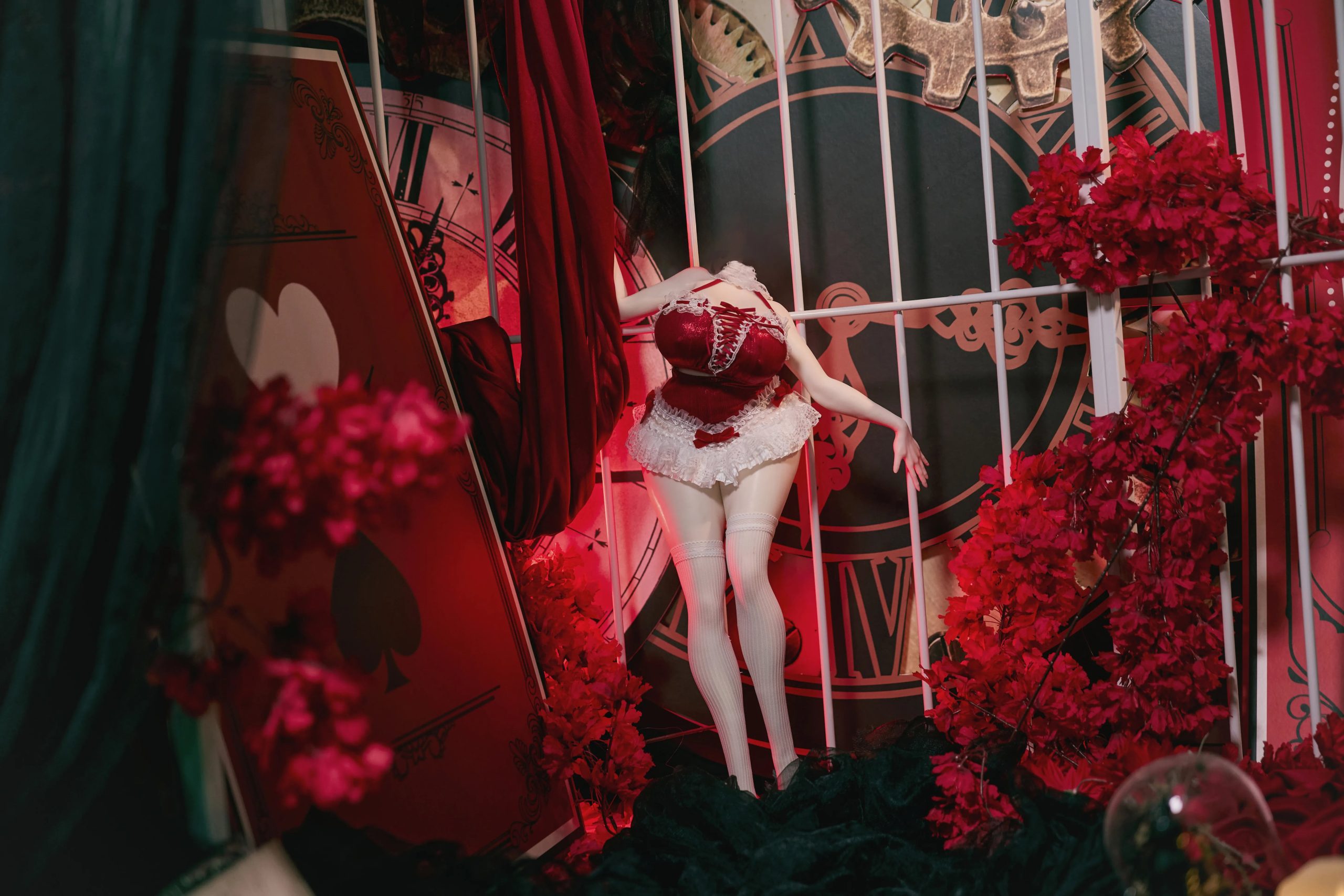 MRL 3.0 anime sex doll wearing crimson maid lingerie in red display scene