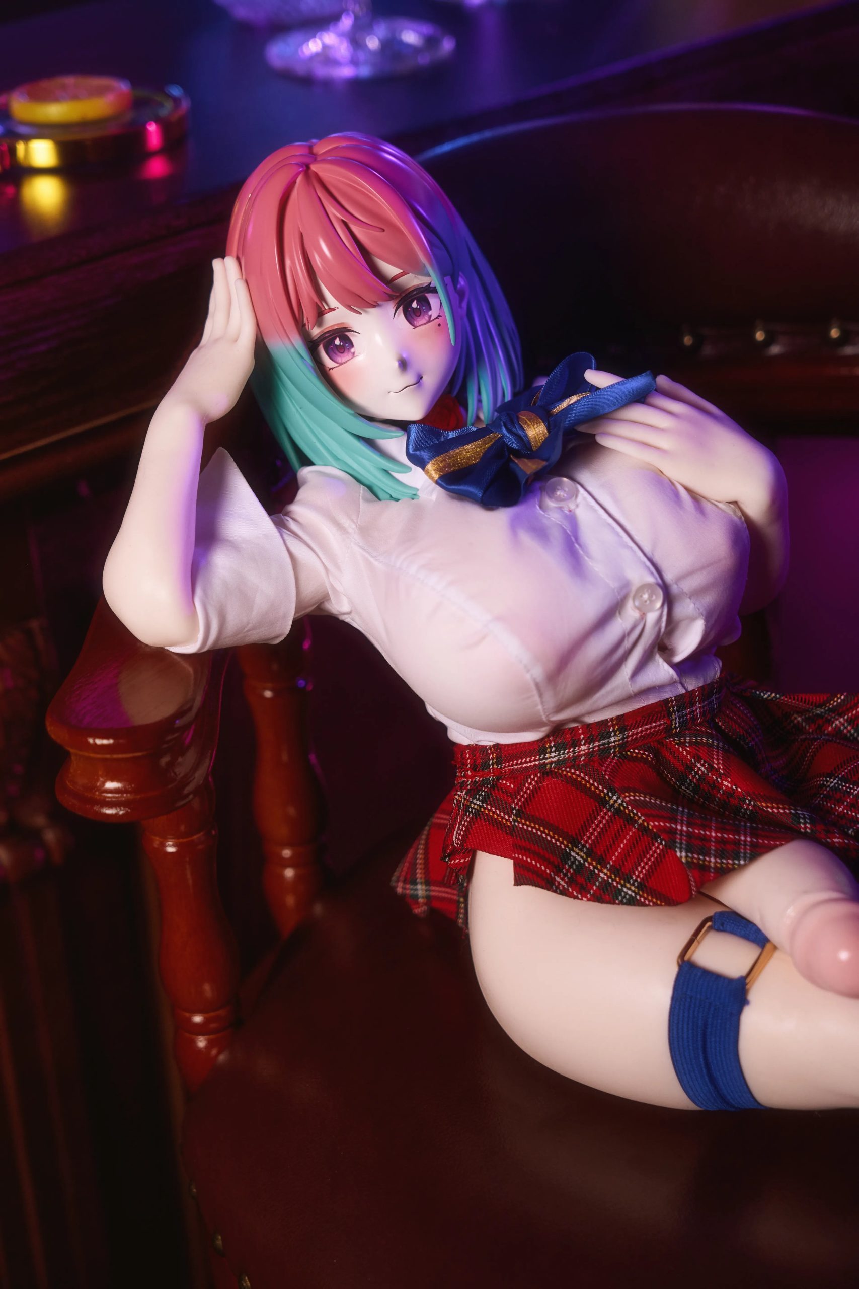 Full body standing shot of the Reiyu GuiGui anime sex doll in Gyaru uniform