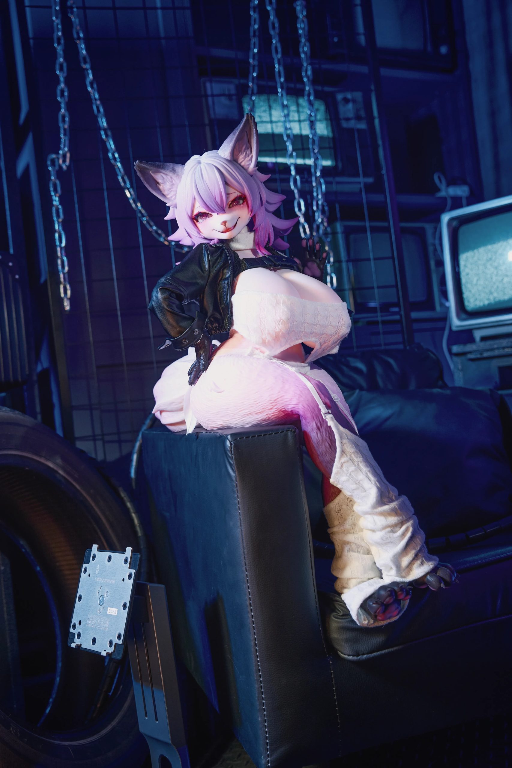 Vixen Voss fox furry sex doll looking over shoulder with asymmetric smirk