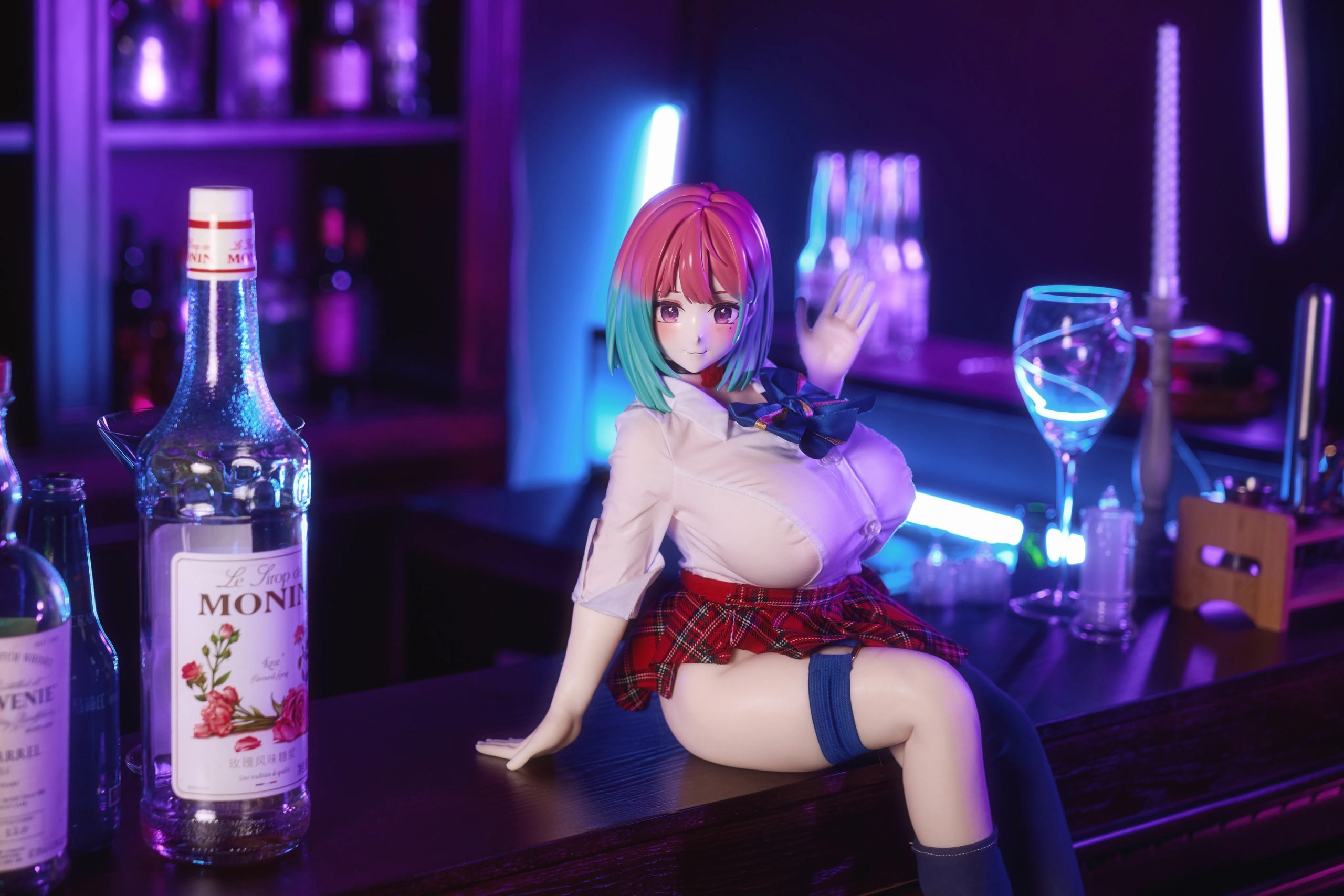 Front view of the 66cm MRL Reiyu GuiGui futanari sex doll in medical silicone featuring pink and blue hair