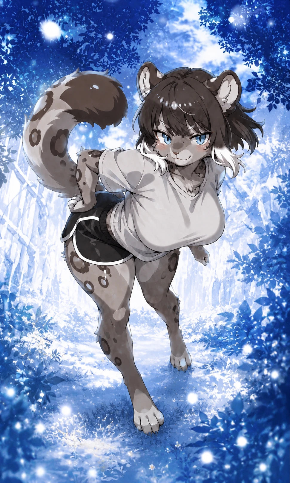 Shira original character art presented in a winter forest environment