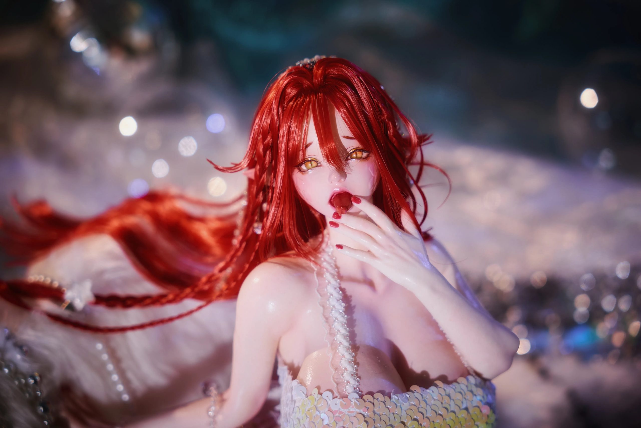 Mera anime figure head sculpt with ahegao expression, open mouth tongue out, and reptilian slit eyes