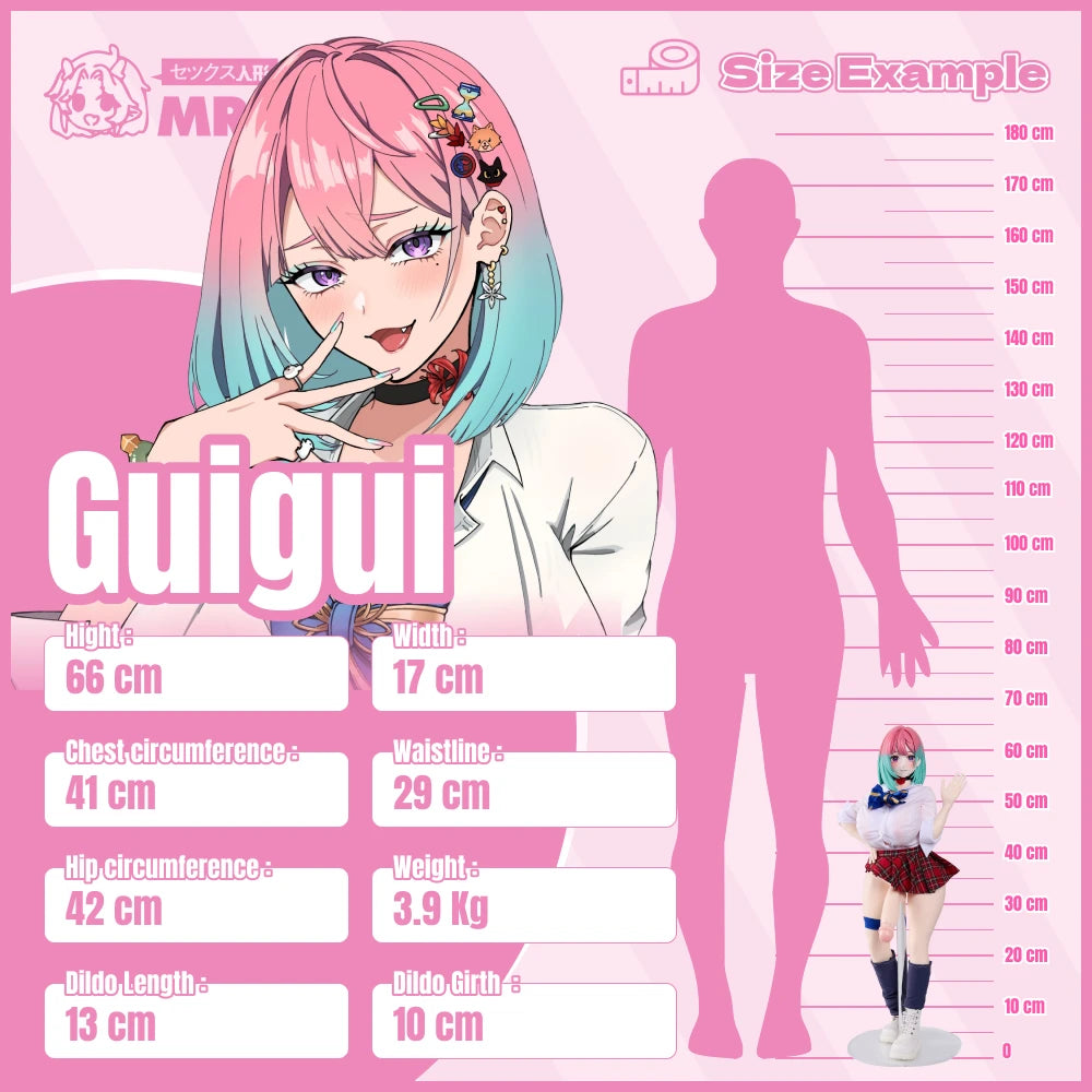 Infographic showing the 66cm height and 3.9kg weight dimensions of the Reiyu GuiGui futanari sex doll