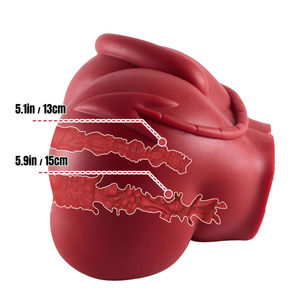 Detailed cross-section diagram showing internal tunnel lengths of 15cm vaginal and 13cm anal entry channels for Meru torso