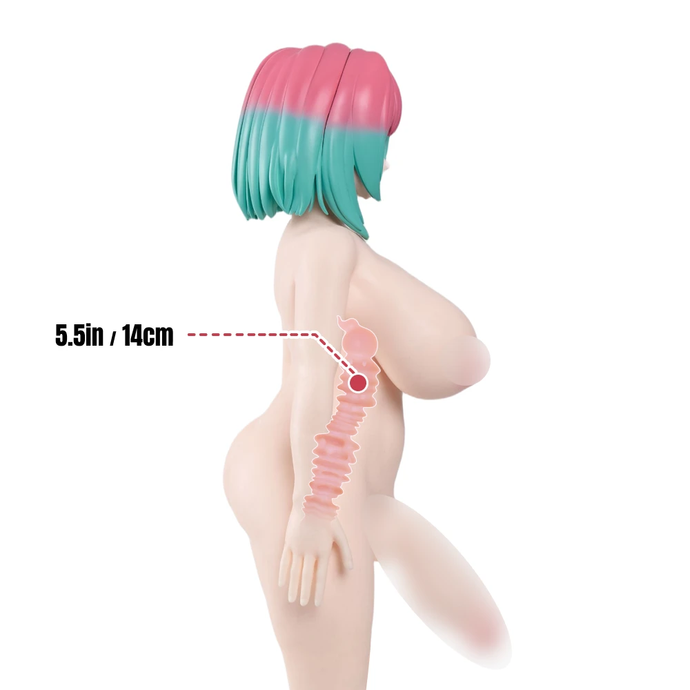 Diagram detailing the 14cm vaginal channel and 13cm phallus of the Reiyu GuiGui dual-anatomy toy